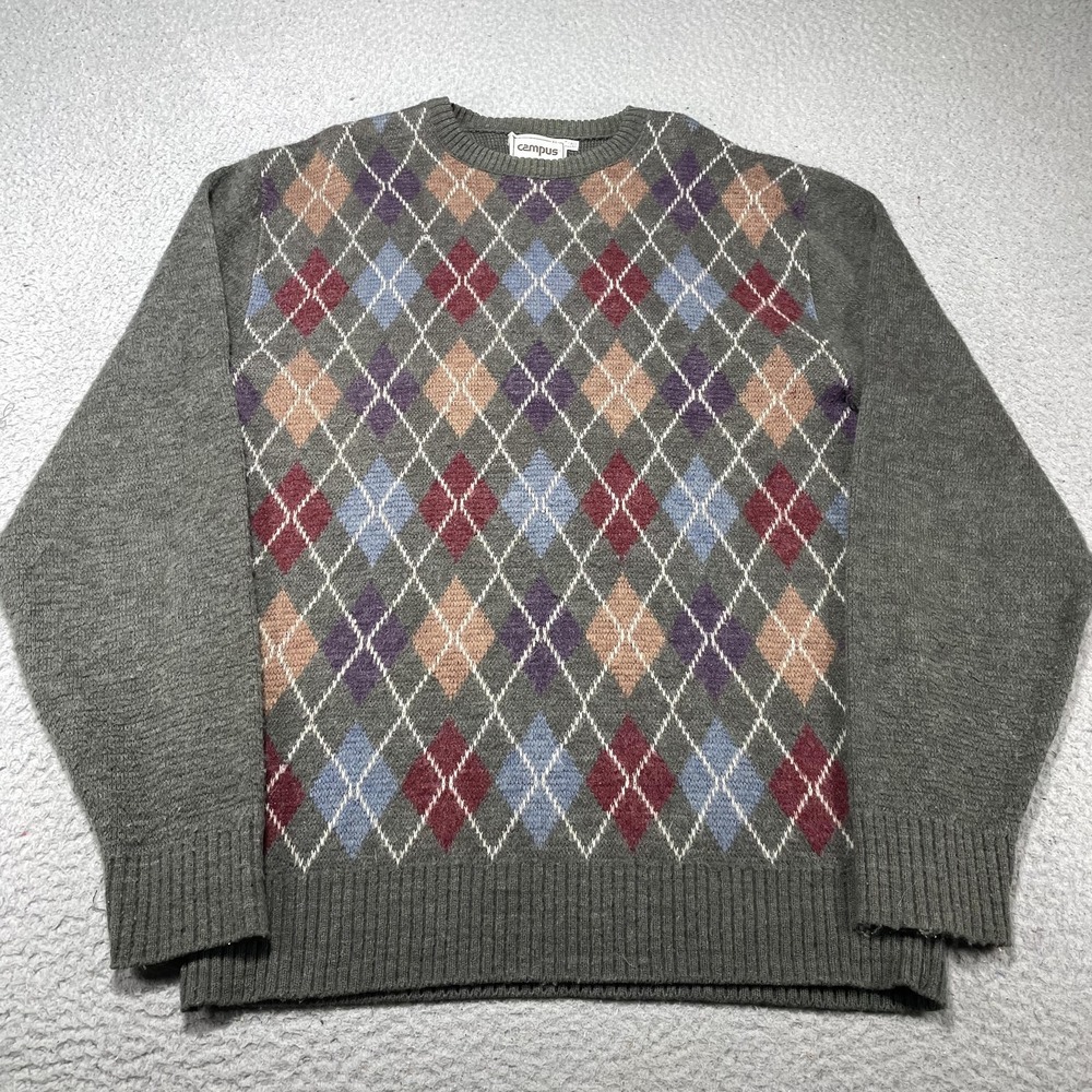 Vintage‎ Campus Sweater Mens XLT Gray Argyle Knit Crewneck Pullover USA Warm